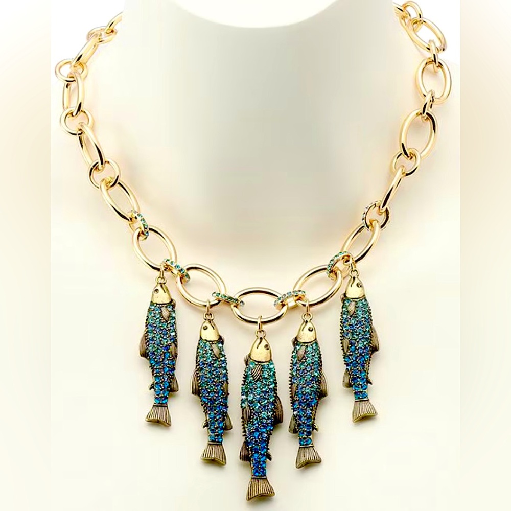 NWT Mermaid Jewels Sardine Fish Charm Bib Necklace , Betsey Johnson